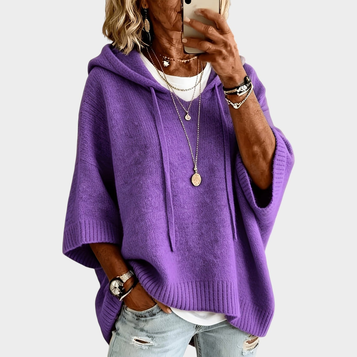 Women’s Hooded Knit Sweater with Batwing Sleeves