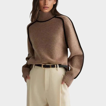 Women’s Knit Turtleneck Sweater with Contrast Piping