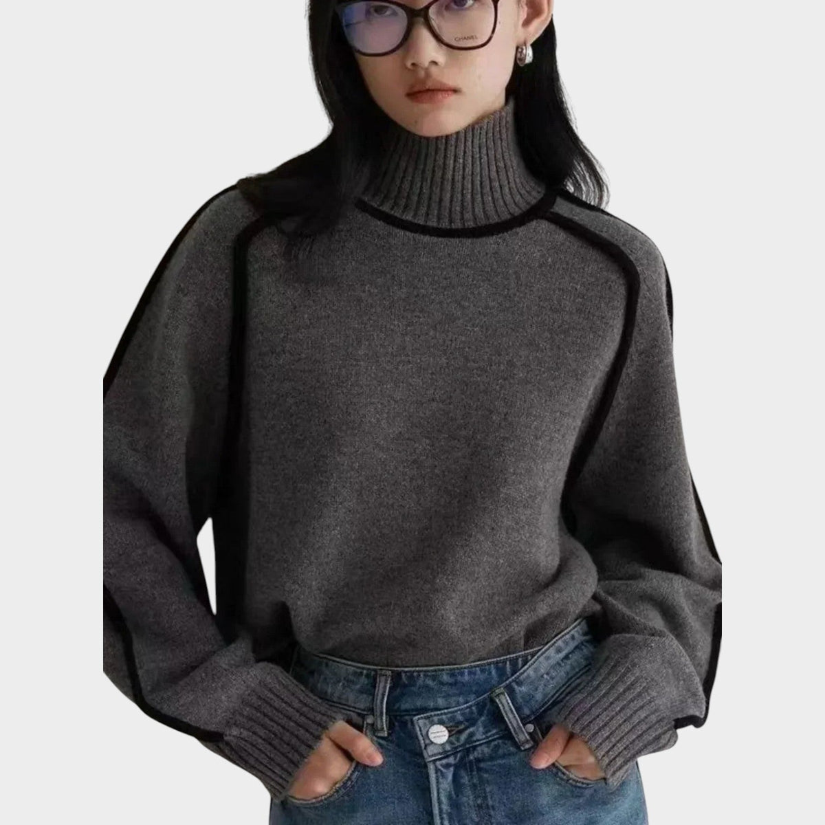 Women’s Knit Turtleneck Sweater with Contrast Piping