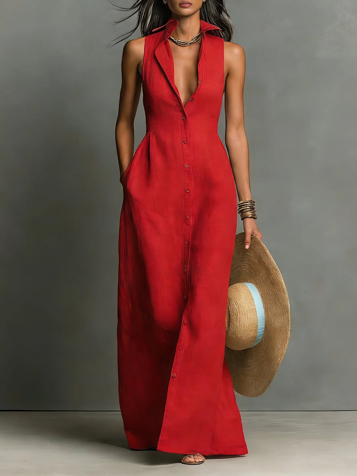 Women’s Sleeveless Collared Button-Front Maxi Dress