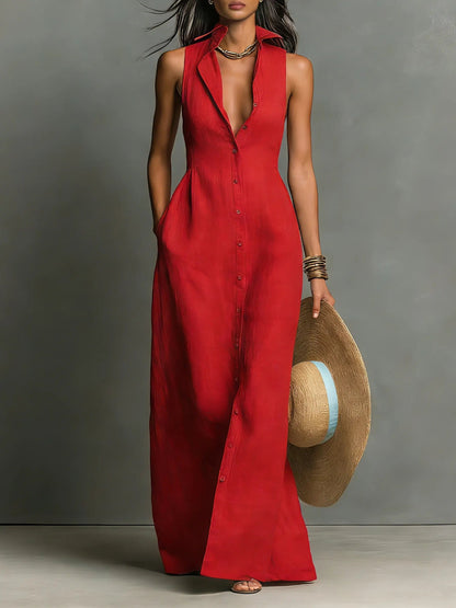 Women’s Sleeveless Collared Button-Front Maxi Dress