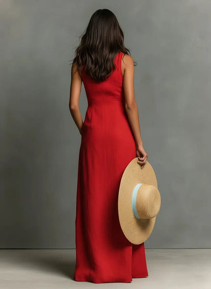 Women’s Sleeveless Collared Button-Front Maxi Dress