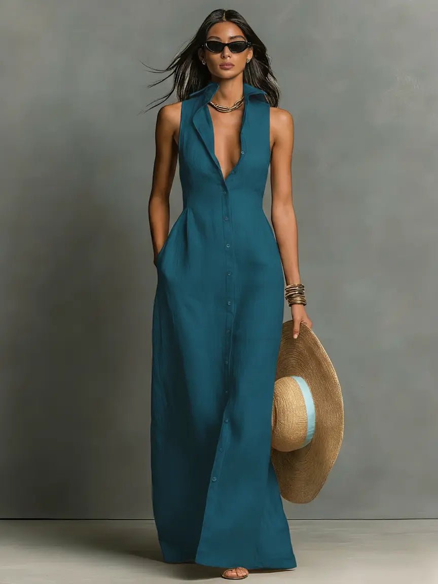 Women’s Sleeveless Collared Button-Front Maxi Dress