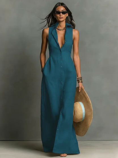 Women’s Sleeveless Collared Button-Front Maxi Dress