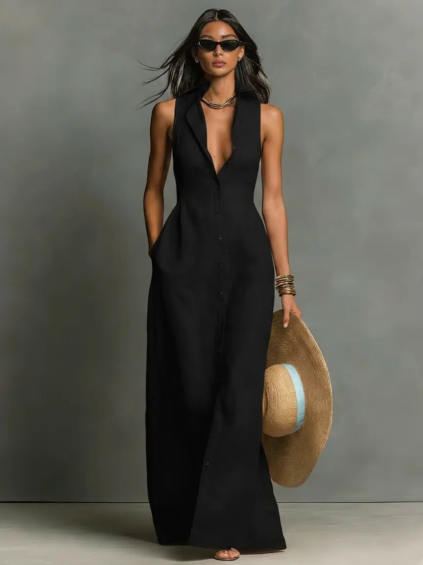 Women’s Sleeveless Collared Button-Front Maxi Dress