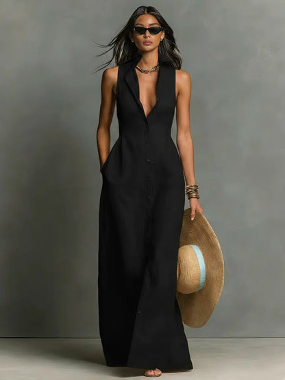Women’s Sleeveless Collared Button-Front Maxi Dress