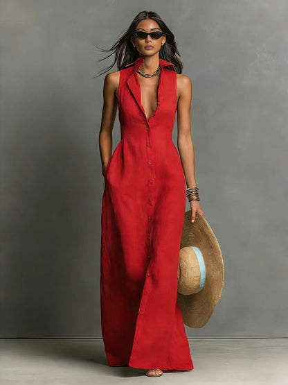 Women’s Sleeveless Collared Button-Front Maxi Dress